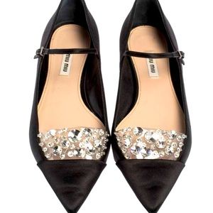 Miu Miu Black Satin Crystal Embellished Ankle Strap Pointed Toe Ballet Flats 40